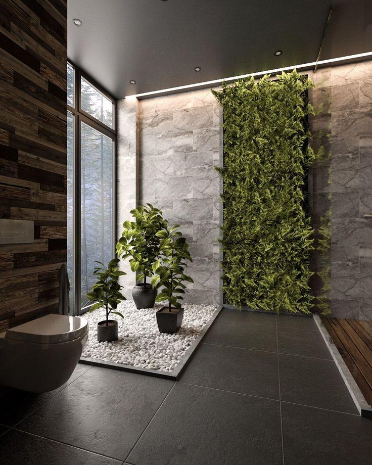 Eco-friendly bathroom with water saving shower head and sustainable fixtures