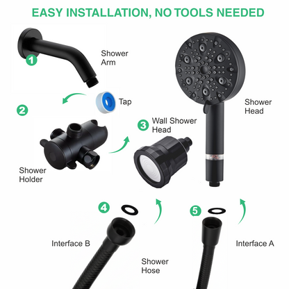 9-Mode Luxury Handheld &amp; Wall Combo Shower Head with Filtration Kit - Black